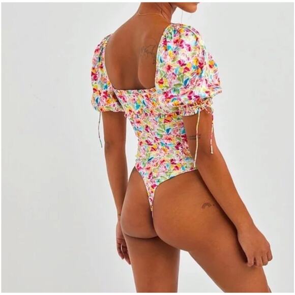 For Love and Lemons Watercolor Exclusive Floral Bow Cut Out Bodysuit NWT Size XS - Picture 2 of 13